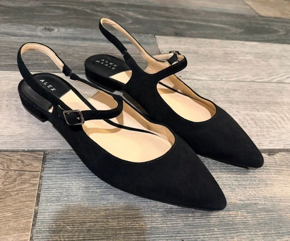 Alex Marie Black Suede Pointed Toe Slingback Flats Size 8